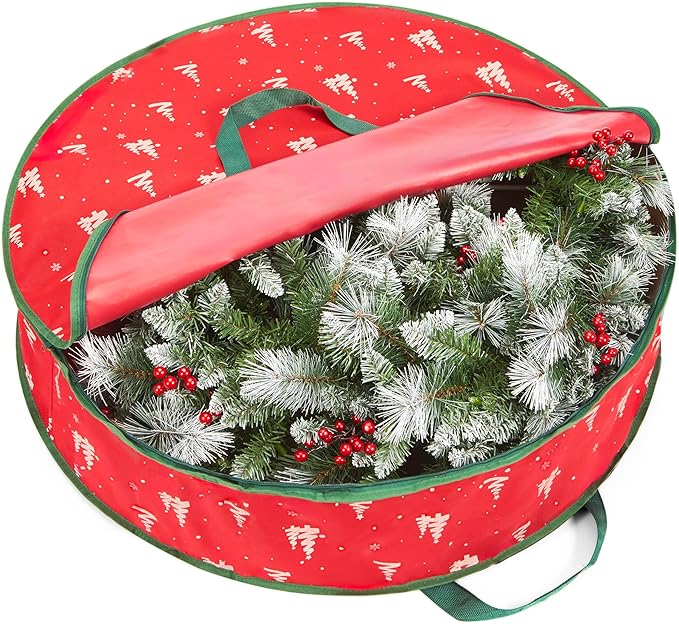 ELONG HOME 36 Inch Wreath Storage Container, 1 Pack Deluxe Wreath Storage Bag with Dual Zippers, Easy Access Christmas Wreath Storage Bag with Carry Handles and Clear Label Pocket