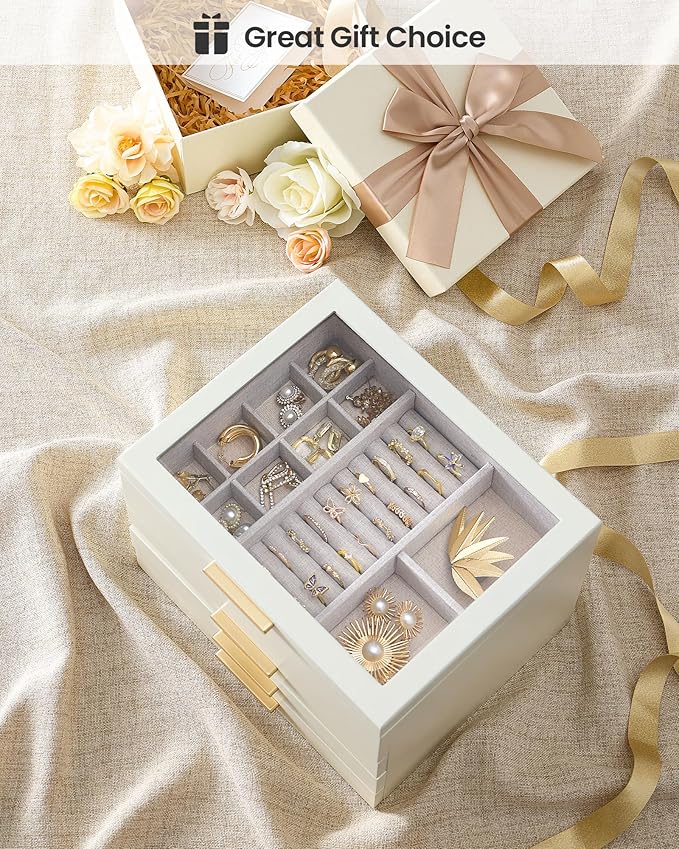 Lolalet Jewelry Box, Clear Window Wood Grain Jewelry Storage for Earrings Bracelets Necklaces Rings, High Capacity Organizer for Women -Beige, 4 Layers