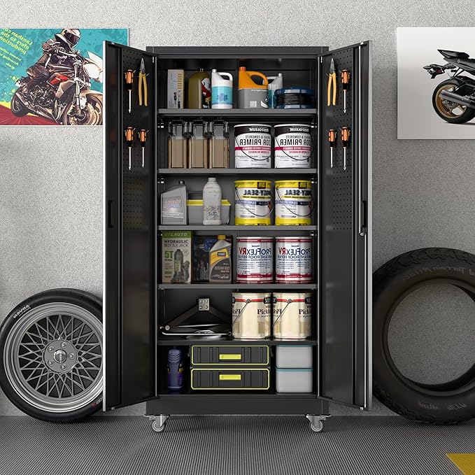 Upgraded Metal Storage Cabinet with Pegboard,71" H Garage Storage Cabinet with Wheels and 5 Shelves,for Garage,Home Office,Required Assembly,Black