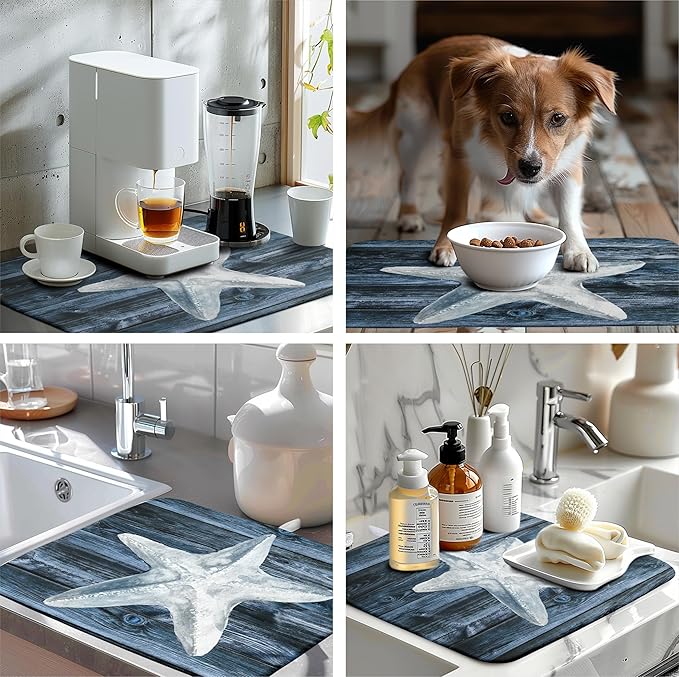 Wnoesat Summer Starfish Dish Drying Mat for Kitchen Counter Navy Blue Microfiber Absorbent Dish Drainer Rack Mats Coastal Ocean Themed Kitchen Sink Dishes Pad 18 X 24 Inch