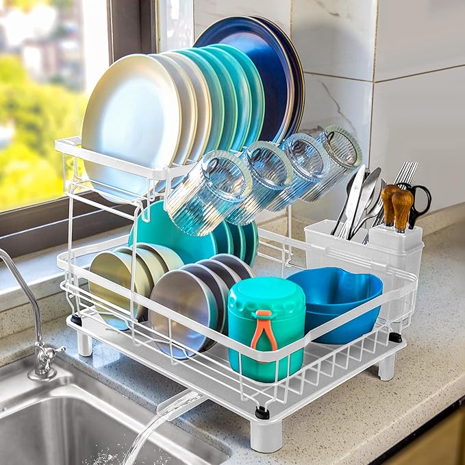 Goderewild 2-Tier Dish Drying Rack for Kitchen Counter,Space-Saving Dish Rack with Drainboard,Rustproof Countertop Dish Drainer with Utensil Holder for Sink,White