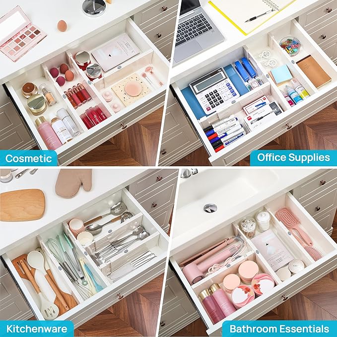 Vtopmart Drawer Dividers for Clothes 8 Pack, Adjustable 4" High Expandable from 11.3"-17" Dresser Drawer Organizer, Plastic Drawers Separators for Dresser, Baby Clothes, Kitchen and Office Storage