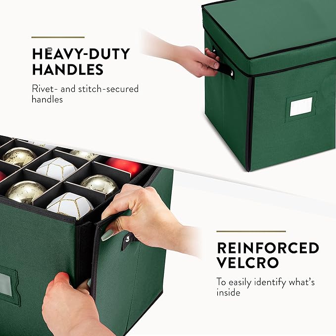 ZOBER Christmas Ornament Storage Box - Stores 64 3" Ornaments with Drawer Style Trays - Tear Proof 600D Oxford Fabric - Ornament Organizer Storage Box, Durable Christmas Containers Holder - Green