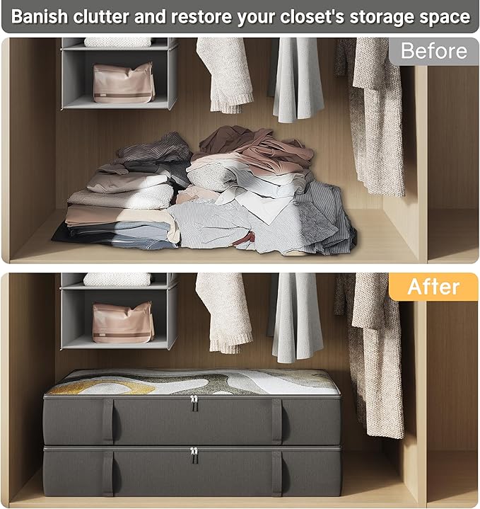 TidyCorner 2-Pack Under Bed Storage Containers, 8 Inches Tall Underbed Clothes Storage Organizer Bin with Sturdy Sidewalls/Bottom, Under the Bed Storage Bags 2 Storage Bins, Black