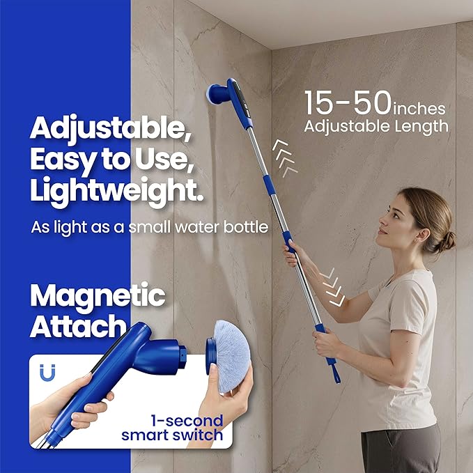 iKLYN 2026 Upgraded Electric Spin Scrubber: 120 Min Runtime, IPX7 Waterproof Cordless Power Scrubber, Adjustable Extension Handle, 8 Heads, 2 Speeds for Shower, Tub, Tile & Floor