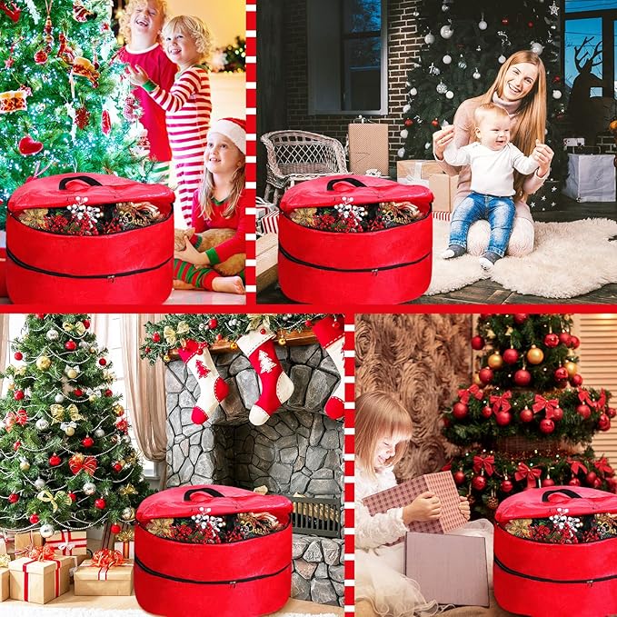 Double Layer Christmas Wreath Storage Container Bags Double Wreath Storage Container Zippered Bag with Handle Festive Storage Box Storage for Xmas Garlands, Red(2 Pcs,24 Inch)