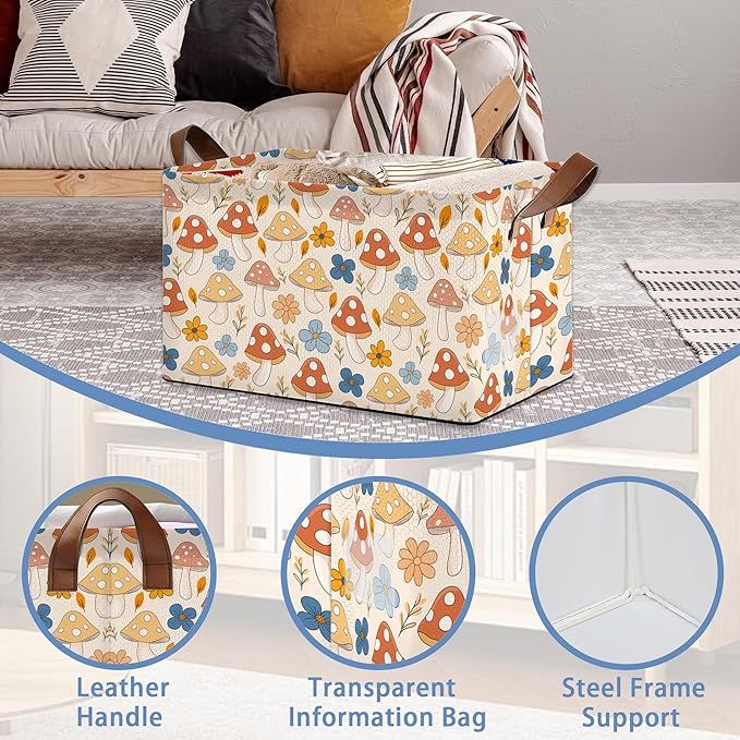 Retro Mushroom Storage Basket with Handles,Flower Collapsible Rectangle Organizer Bin for Room Decoration Books Box Baskets 17x11.5x10Inch