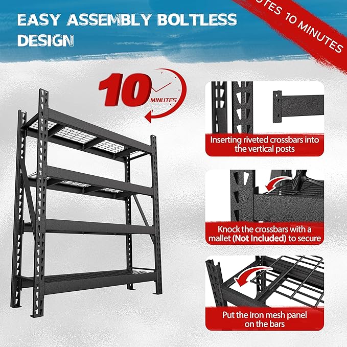BlueWish 9000LBS Wire Rack Shelving, 18”D x 61”W x 72”H Storage Racks and Shelving with Reinforced Wire Partition, 4 Tiers Heavy Duty Garage Shelves for Warehouse Basement, Black