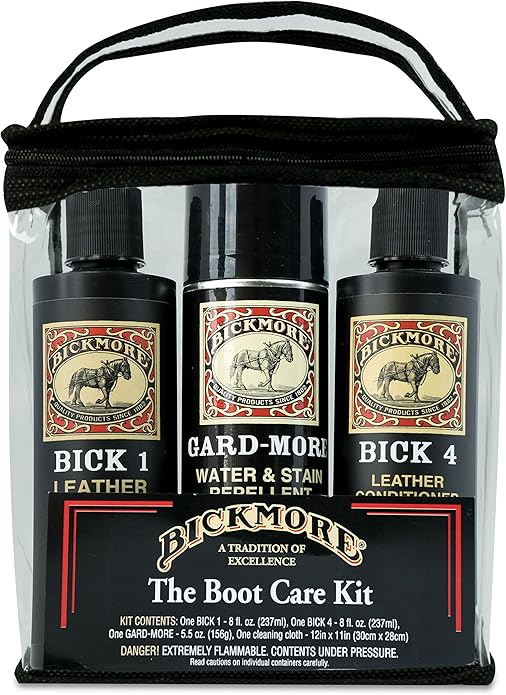 Bickmore Boot Care Kit - Bick 1 Bick 4 & Gard-More - Leather Lotion Cleaner Conditioner & Protector - For Cleaning Softening and Protecting Boots Shoes Handbags Purses Jackets and More