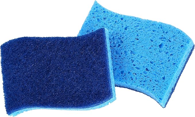 Non-Scratch Cellulose Sponge Kitchen Scrub Sponge with Scouring Pad Set, Good for Non-Stick Cookware Frying Pan, Pot, Counter Top, Sink Scrubbing, Kitchen Scrubbers, Pack of 2, (Blue)