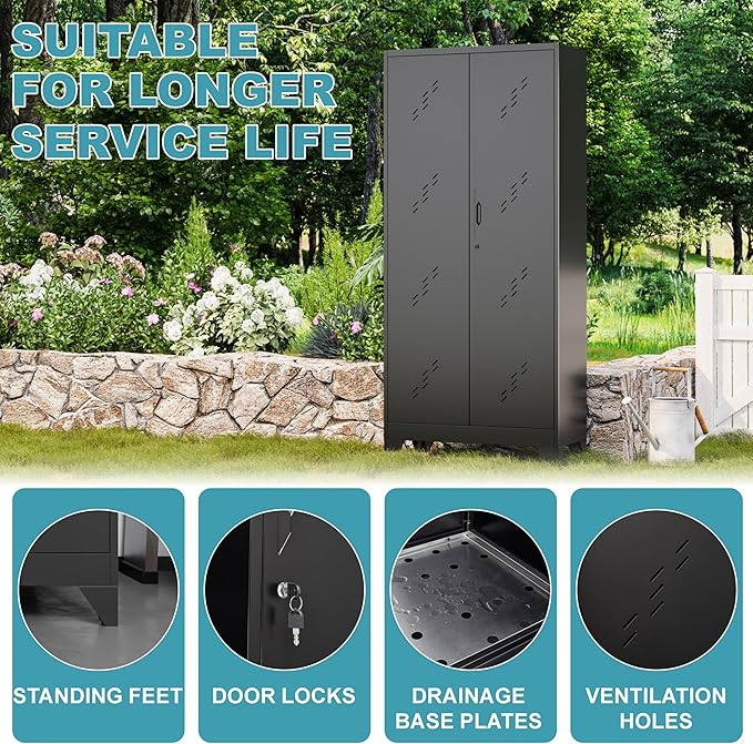 Metal Storage Cabinet 71" H, Garege Storage with Stainless Steel Bottom, Black Cleaning Supplies Organization Cabinet with Lockable Doors and Hanging Rod for Outdoor, Home Office
