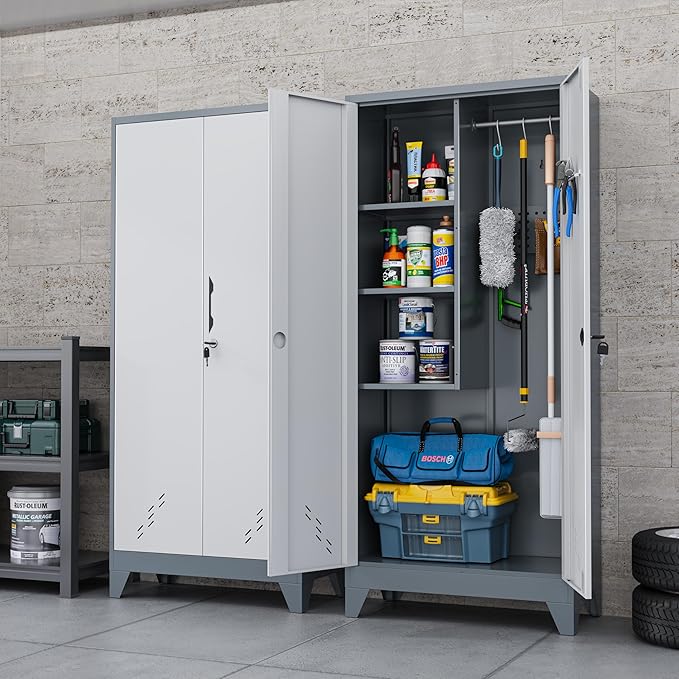 Storage Cabinet 61" H, Locking Cabinet with Doors and Shelves, Metal Pantry Cabinets for Tool Organization,Gray White Cabinet with Removable Pegboard for Garage,Utility Room,Office