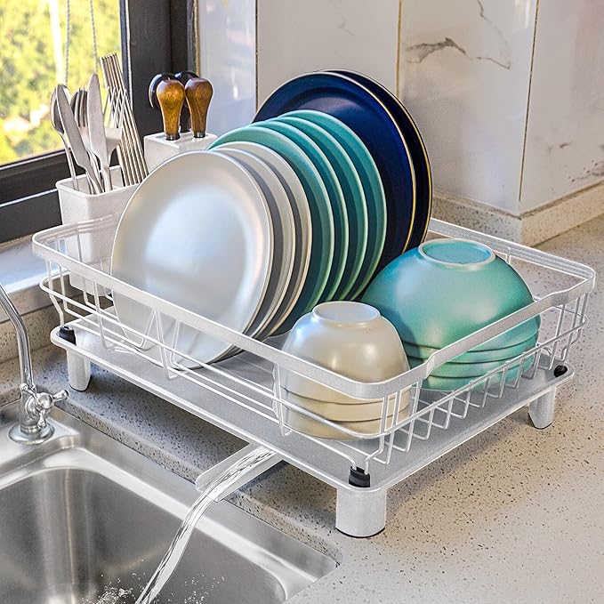 Goderewild Dish Drying Rack for Kitchen Counter,Space-Saving Dish Rack with Drainboard,Rustproof Countertop Dish Drainer with Utensil Holder for Sink,White
