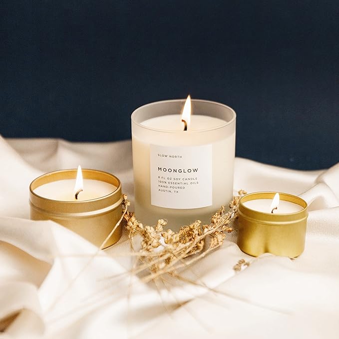 Slow North Moonglow Candle - Essential Oils and Pure Soy Wax Candle in a Reusable Frosted Glass Jar - A Unique and Mindful Scented Candle Hand-Poured in The USA (8 oz)