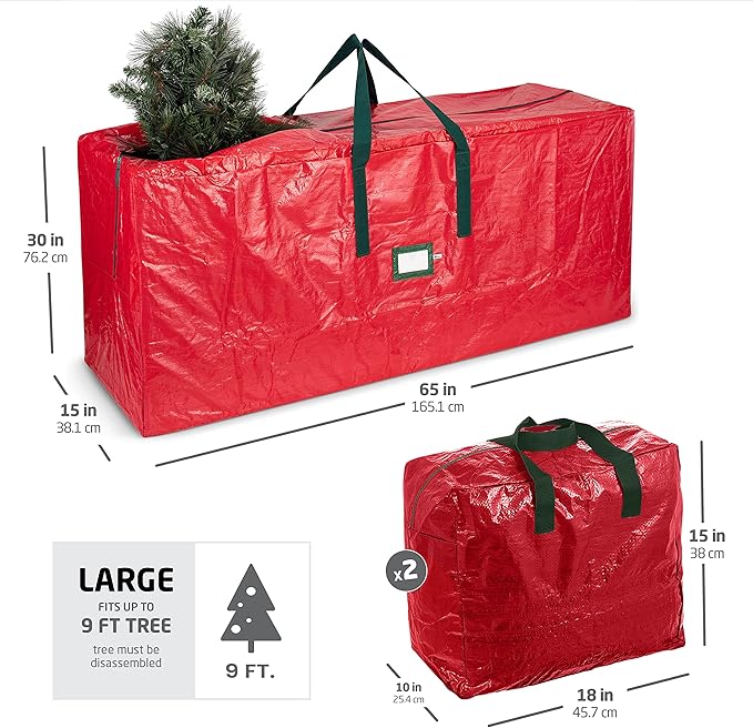 ZOBER Christmas Tree Storage Bag - With 2 Ornaments Accessories/Garland Bags - Fits 9 Ft Trees - Plastic, Waterproof Christmas Tree Bag For Storage Box For Xmas - Strong, Durable Handles - Red