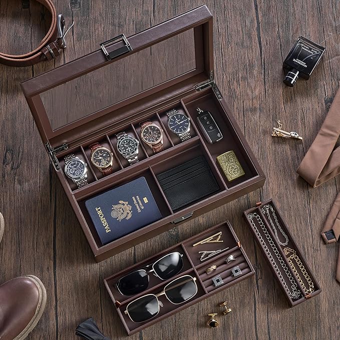 ProCase Men's Jewelry Box, 5-Slot Wood Watch Display Case Jewellry Storage Organizer for Sunglasses Rings Accessories with Hidden Compartment, Watch Holder with Glass Lid, Gift for Men -Espresso