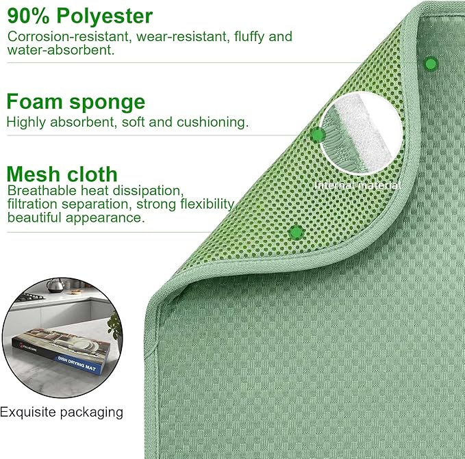FULL BE DARE 2 Packs Dish Drying Mats for Kitchen Counter, Drying Matt Kitchen Counter, Sage Green Kitchen Dish Drying Mat & Dish Dryer Mat for Drying Dishes, 20 x 15 inches (Green)