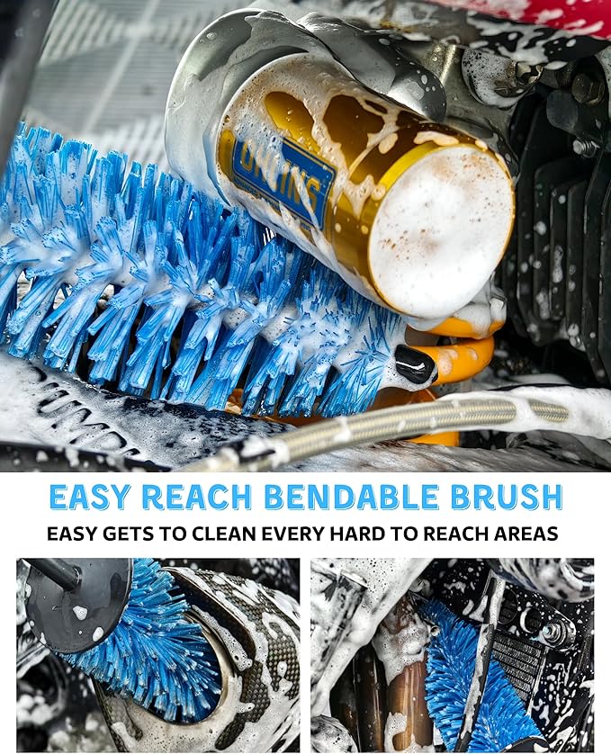 Motorcycle Cleaning Brush Kit 6 Pack, Easy Reach Brush, Chain Brush,Wool Wash Mitt, Stiff Tire Brush, Detailing Brush& Microfiber Towel for Motorcycle Mudguard, Rims,Exhaust, Frame Detailing Wash Kit