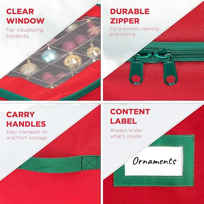 HOLDN’ STORAGE Christmas Ornament Storage Box with Dividers - Fits 48-3” Ornaments, 2 Removable Trays, Durable & Space-Saving, Clear Top Lid, Fits Underbed, Red