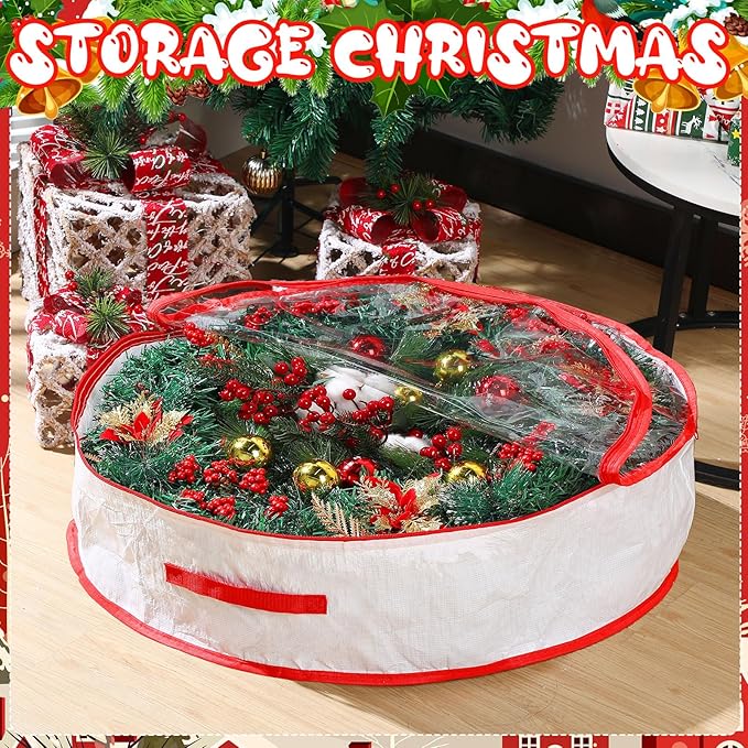 Aliceset 4 Pack Wreath Storage Containers, Christmas Ornament Garland Wreath Storage Bags with Handle Dual Zipper Large Decorative Storages Box for Winter Wreaths(30 x 30 x 7.8 Inch,White)