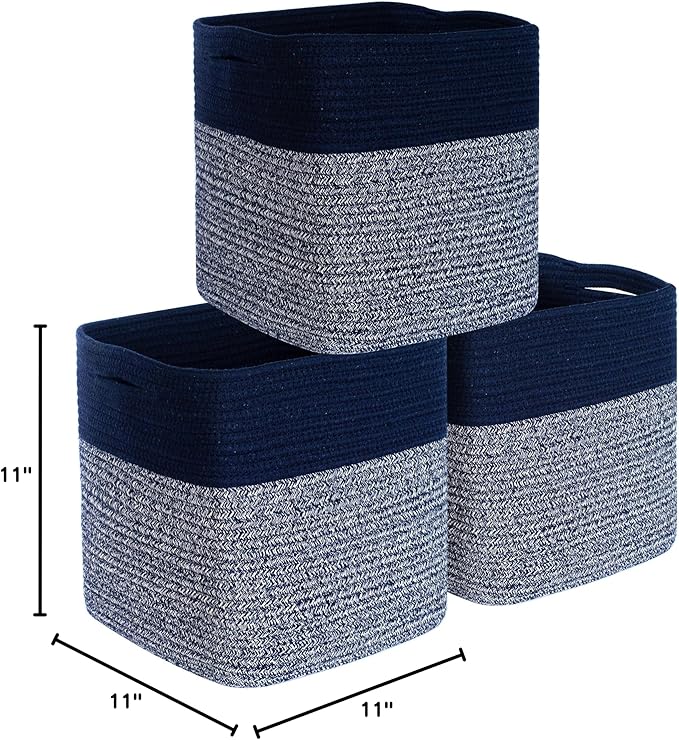 MINTWOOD Design 3-Pack 11x11in Woven Cube Storage Bin and Shelf Baskets, Cute Decorative Square Organizer for Closet, Classroom, Bathroom, Dog and Cat Toys, and Books, Navy Blue
