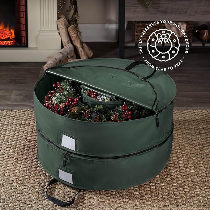 ZOBER Christmas Wreath Storage Container 36 Inch - Wreath Bag Fits 2 Wreaths Box - 600D Oxford Fabric - Interior Compartment for Storing Garlands, Wreaths Storage Bag W Strong Durable Handles - Green