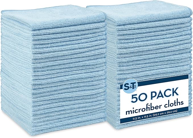 S&T INC. 50 Pack Microfiber Cleaning Cloth, Bulk Towels for Home, Reusable Microfiber Towels for Cars, Cleaning Rags, Light Blue, 11.5 Inches x 11.5 Inches, 50 Count