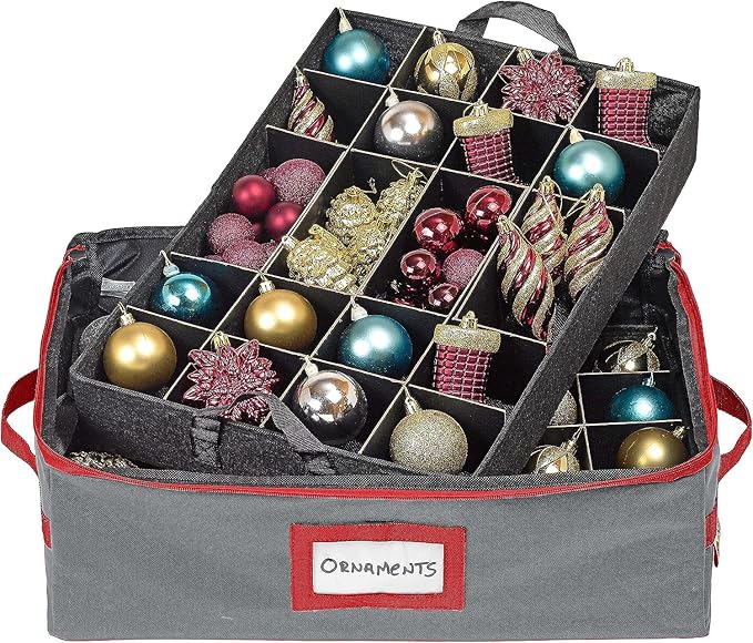HOLDN’ STORAGE Christmas Ornament Storage Box with Dividers - Fits 48-3” Ornaments, 2 Removable Trays, Durable & Space-Saving, Clear Top Lid, Fits Underbed, Grey