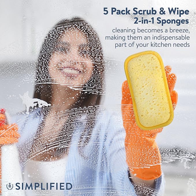 Simplified 5-Pack Scrub & Wipe 2-in-1 Dishwashing Sponges - Non-Abrasive Cleaning Sponges, Double-Sided - Safe for Dishes, Non-Stick Pans or Glassware, Absorbent Dish Sponges, Yellow Leaves