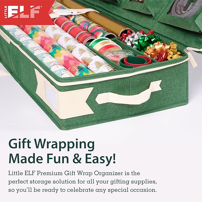 Little ELF Premium Wrapping Paper Storage Organizer, Easy to Carry, 6 Individual Pockets for Christmas Gift Wrap Supplies, Lightweight and Sturdy