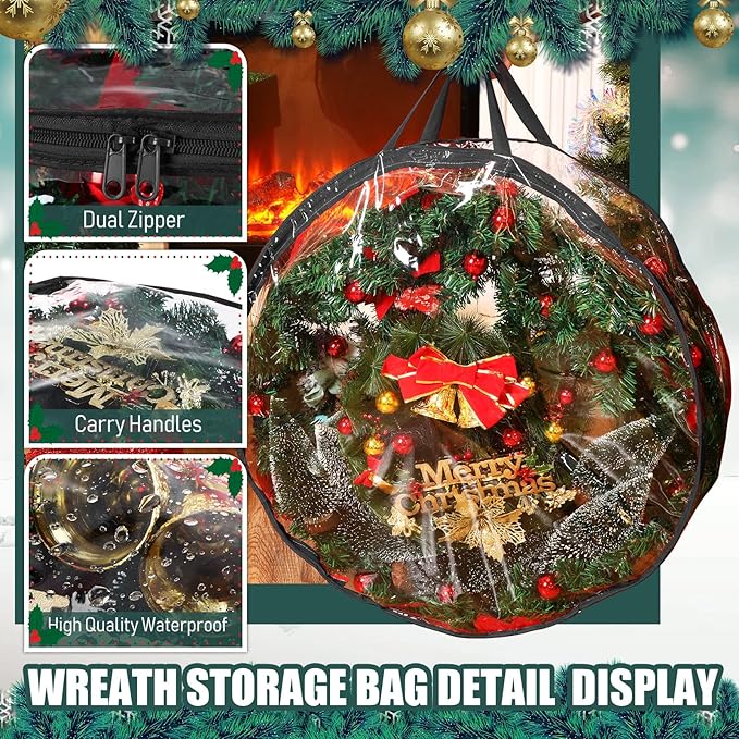 Shappy 10 Pieces Christmas Wreath Storage Container 30 Inch Wreath Plastic Storage Bags with Dual Zippers and Handles for Xmas Thanksgiving Holiday Artificial (Clear,Black)