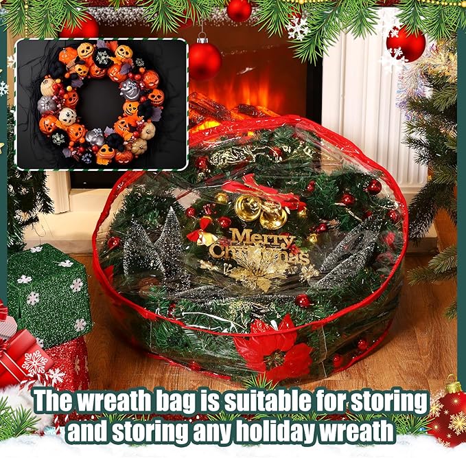 Zhengmy 4 Pack 30" 24" Wreath Storage Container Clear Christmas Wreath Storage Bags with Handle and Dual Zipper Plastic Decorative Garland Protector for Xmas Seasonal Holiday(Red)