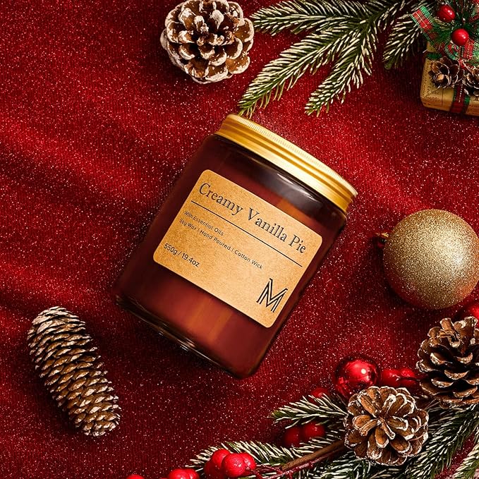 M&SENSE Creamy Vanilla Pie Scented Christmas Candle Gift | 19.4oz, 115-Hour Burn | Natural Organic Soy Wax | Long-Lasting for Stress Relief and Gifting | for Christmas, Thanksgiving, Holiday