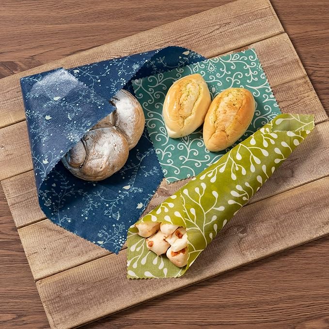Akeeko Reusable Beeswax Food Wraps - Assorted 9 Packs, Reusable, Plastic-Free Food Storage, 5 Small, 2 Medium, 1 Large, 1 Extra Large Wraps with Abstract Curves Pattern