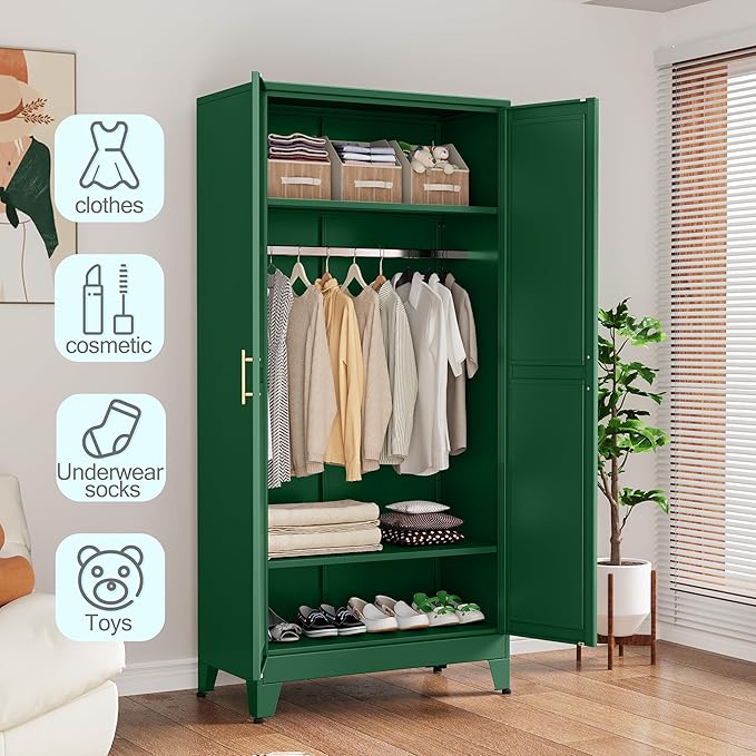 71 "Metal Armoire Wardrobe Closet, Steel Clothing Storage Cabinet with Adjustable Shelves and Hanging Rod, Household Steel Wardrobes Storage Cabinet with Adjustable standing feet (Wardrobe-Green)
