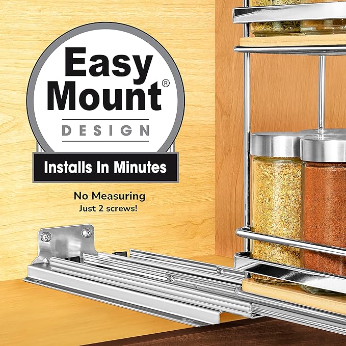 LYNK PROFESSIONAL® Élite™ Pull Out Spice Rack Organizer for Inside Kitchen Cabinets - 4-3/8 inch Wide - Slide Out Drawer – Wood/Chrome Sliding Spice Cabinet Organization Shelf Racks - 2 Tier