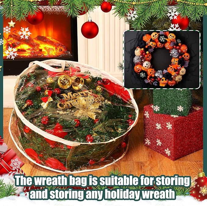 Zhengmy 5 Pcs 24 Inch Christmas Wreath Storage Bags Transparent Wreath Storage Container Bulk Wreaths Box with Dual Zippers and Handles for Xmas Holiday Wreaths Garland