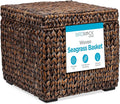 BIRDROCK HOME Storage Cube Box with Lid - Brown Wash Seagrass - Hand Woven Container for Blankets Pillows - Sturdy Metal Frame