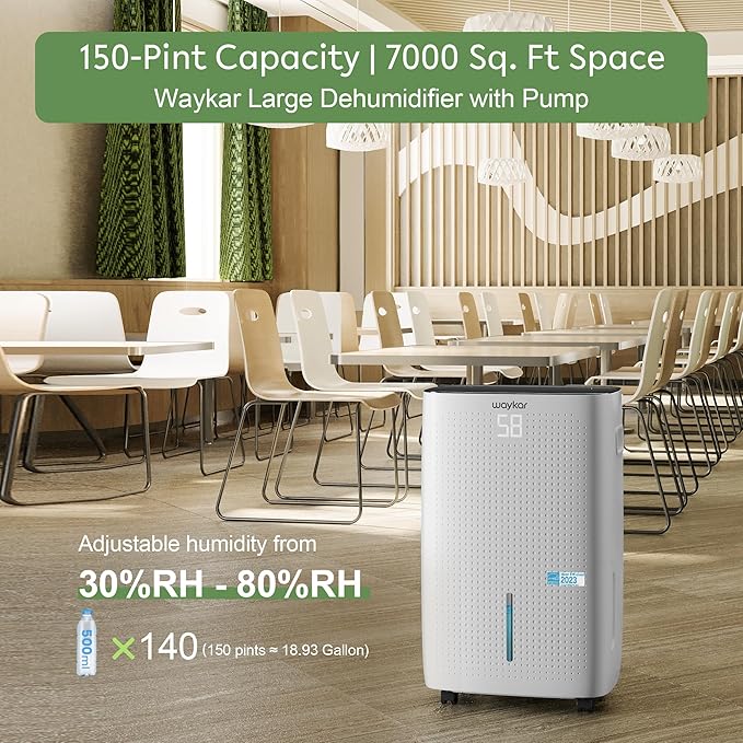 Waykar 150 Pints 7,000 Sq. Ft Energy Star Dehumidifier with Pump for Commercial and Industrial Large Room, Basement, Home, Storage, Warehouse with Drain Hose and Water Tank