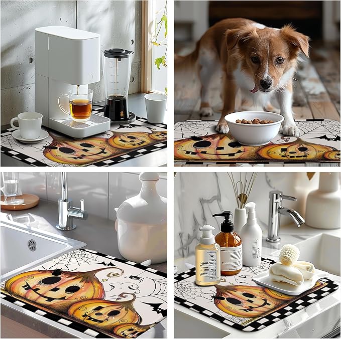 Wnoesat Happy Halloween Fall Pumpkin Dish Drying Mat for Kitchen Counter 18x24 In Spooky Ghost Bats Spider Web Buffalo Plaid Drying Mats Microfiber Dish Drainer Mat Large Absorbent Fast Dry Pad