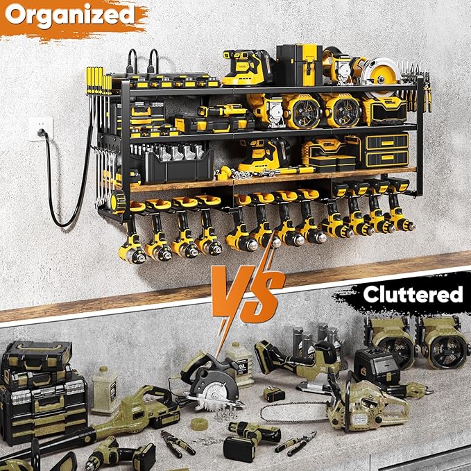 POKIPO 49.5" W Large Power Tool Organizer with Charging Station, 4 Layer Heavy Duty Utility Rack Loads 800lbs, Holds 8 Cordless Drills, Wall Mount Tool Shelf with 8-Outlet Power Strip, Gift for Men