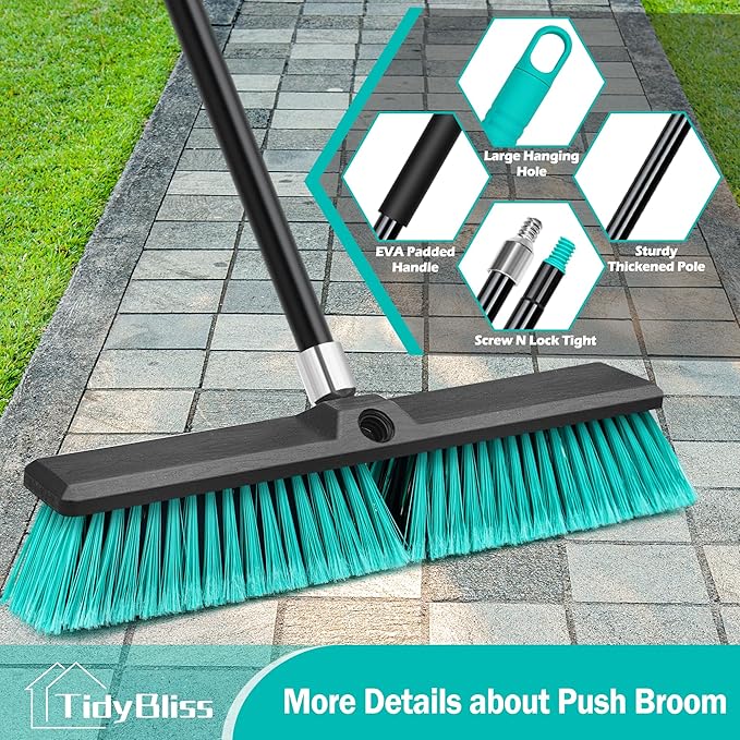 18” Push Broom Outdoor Heavy Duty 3 Pack, Large Commercial Stiff Bristle Brush with 63 inches Long Handle for Garage Shop Garden Yard Patio Deck Street Warehouse Lawn Driveway (Green)