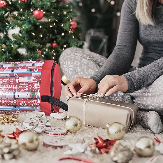 Primode Wrapping Paper Storage Bag | Wrapping Paper Organizer Under Bed for Storing Multiple Rolls of Gift Wrap, 42” Length Container Constructed of Durable 600D Oxford Material (Red)