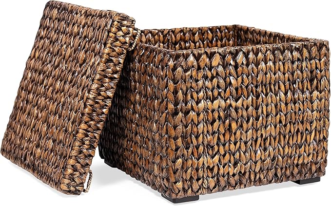 BIRDROCK HOME Storage Cube Box with Lid - Brown Wash Seagrass - Hand Woven Container for Blankets Pillows - Sturdy Metal Frame