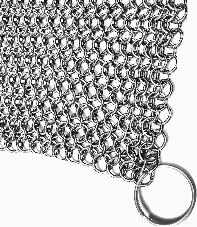 Mythrojan Cast Iron Scrubber 316 Stainless Steel Skillet Cleaner Chainmail Scrubber Chain Mail Scrub with Hanging Ring for Cast Iron Pre-Seasoned Pans (15 X 15cm)