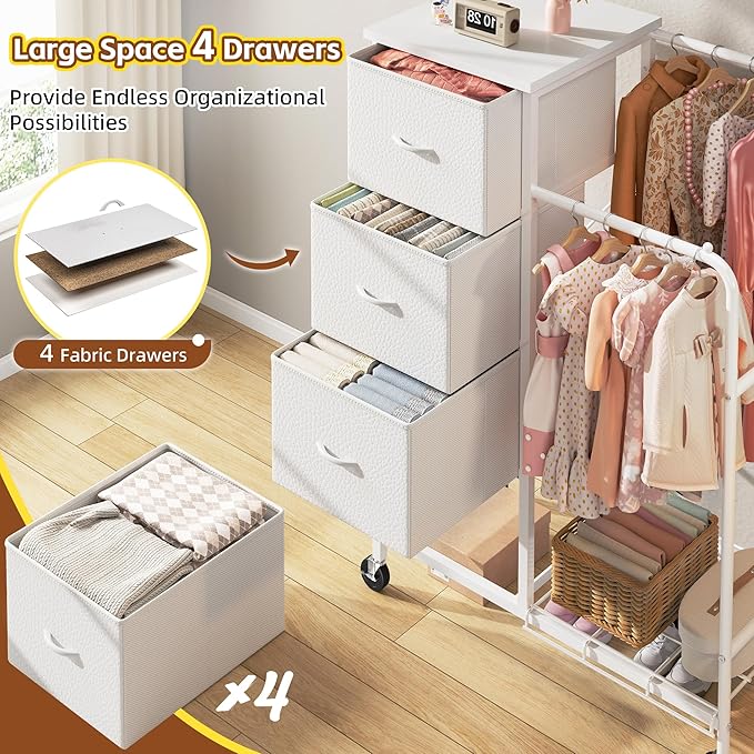 47.3" H Dresser with Hanging Rack, 4 Fabric Drawers with Double Clothes Rack & Wheels, Tall Closet Organizer Dresser for Bedroom, Entryway, White, 15.8" D x 29.9" W x 47.3" H
