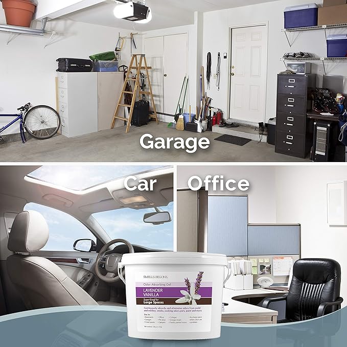 SMELLS BEGONE 1-Gallon Gel Odor Eliminator – High-Capacity, Long-Lasting Absorber for Large Basements, Garages, Workshops & Commercial Areas – Remove Tough Odors with Essential Oils (Lavender Vanilla)