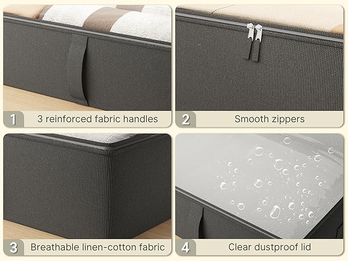 TidyCorner 2-Pack Under Bed Storage, 6 Inches Tall Closet Organizers and Storage Bins with Sturdy Sidewalls/Bottom/4 Handles, Black
