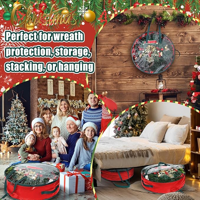 Shappy 4 Pcs Christmas Wreath Storage Bag Plastic Storage Containers for Wreaths Container Christmas Decorative Xmas Plastic Bag Holder Handles Dual Zipper Holiday Wrapping (30 x 7 Inch)