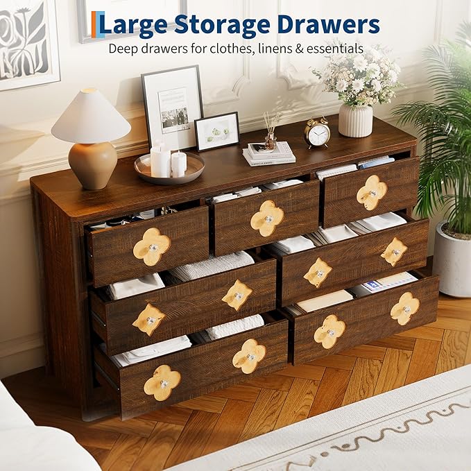 Garvee Dresser for Bedroom with 7 Decorative Front Drawers, 54'' Wide Chest of Drawers with Large Clothes Storage Cabinet, Wood Bedroom Dresser, TV Stand for Nursery, Living Room, Hallway, Brown